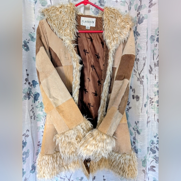 Women’s Patchwork Suede Coat with Faux Fur Trim - Taupe & Brown - Picture 4 of 11
